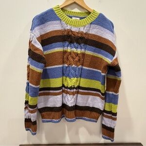 NWT St. John's Bay Lime Green Lavender cable Knit Sweater crew neck striped new